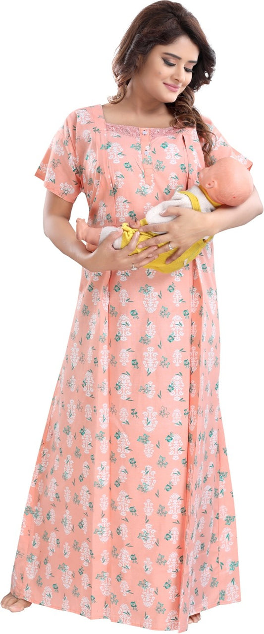Fabme Women's Orange Vertical Zip Cotton Full Length Maternity Night Dress Nighty