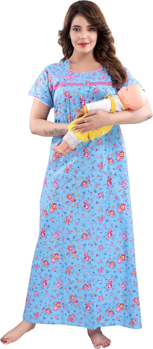 Fabme Women's Blue Horizontal Zip Cotton Full Length Maternity Night Dress Nighty