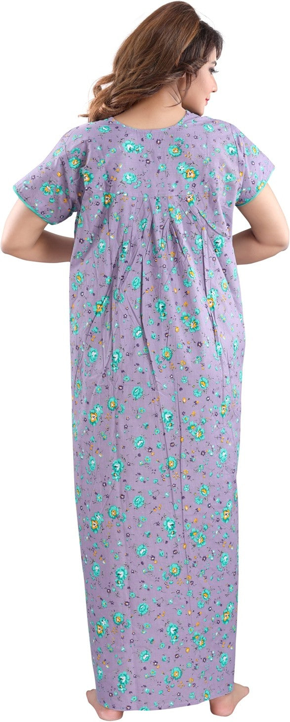 Fabme Women's Lavender Horizontal Zip Cotton Full Length Maternity Night Dress Nighty