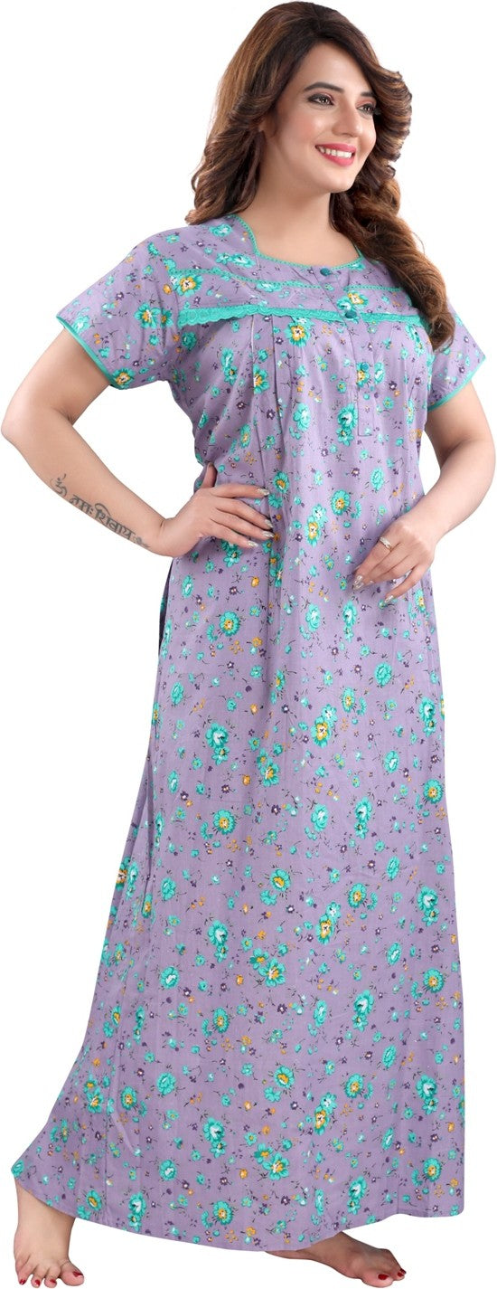 Fabme Women's Lavender Horizontal Zip Cotton Full Length Maternity Night Dress Nighty