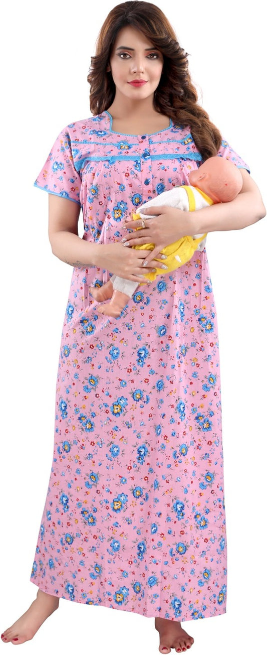 Fabme Women's Pink Horizontal Zip Cotton Full Length Maternity Night Dress Nighty