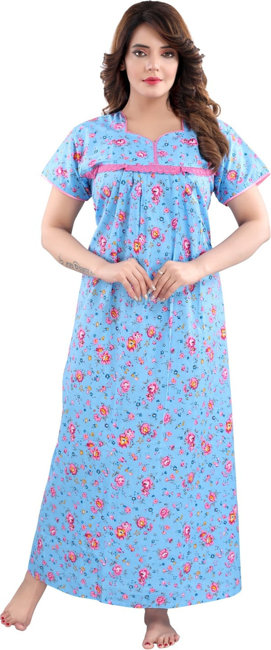 Fabme Women's Blue Printed Cotton Full Length EveryDay Night Dress Nighty