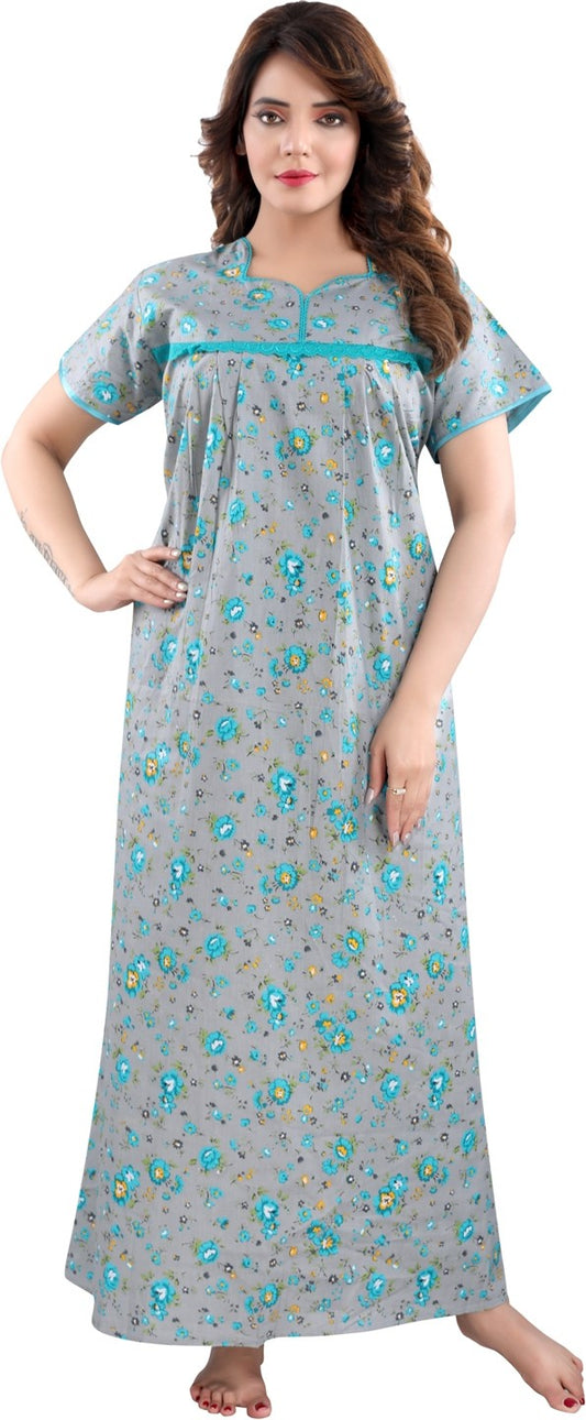 Fabme Women's grey Printed Cotton Full Length EveryDay Night Dress Nighty