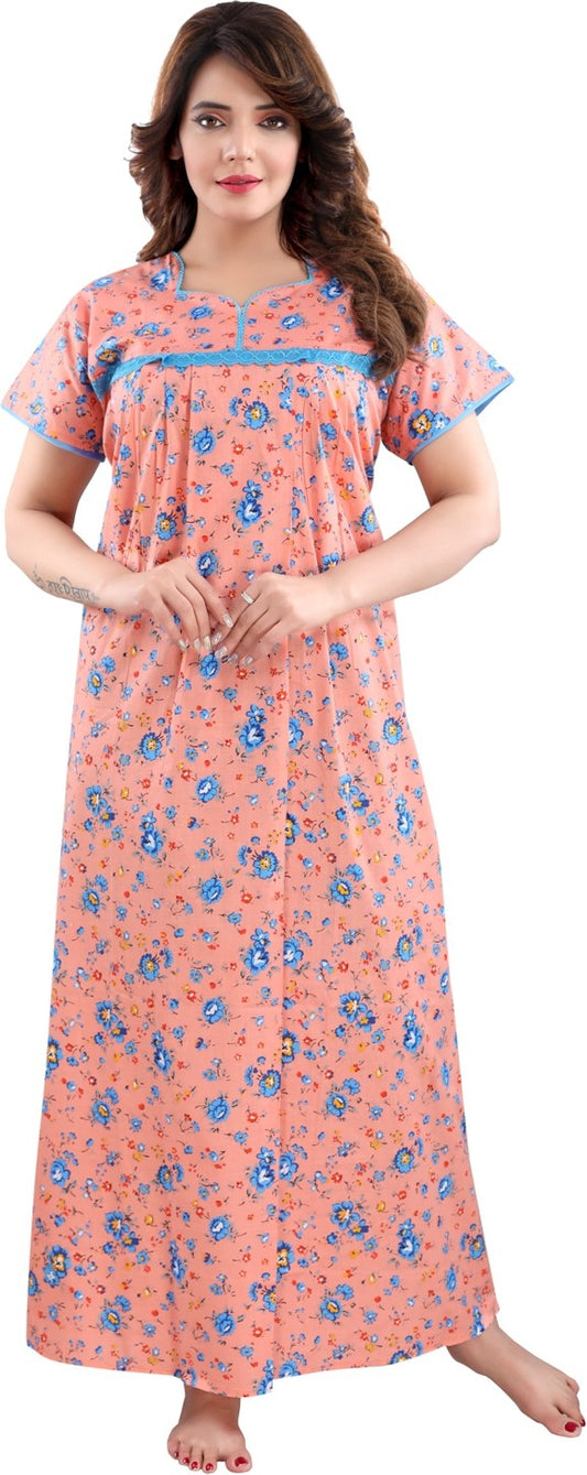 Fabme Women's Orange Printed Cotton Full Length EveryDay Night Dress Nighty