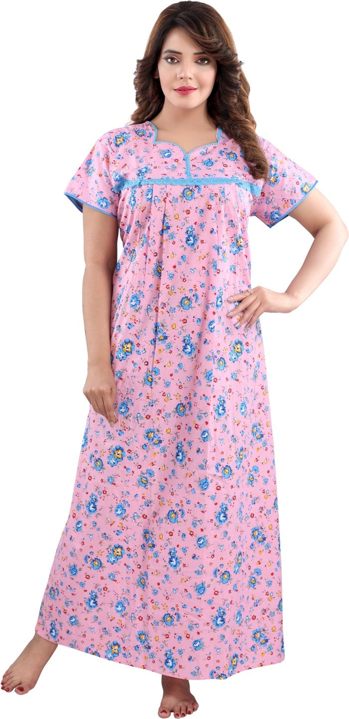 Fabme Women's Pink Printed Cotton Full Length EveryDay Night Dress Nighty
