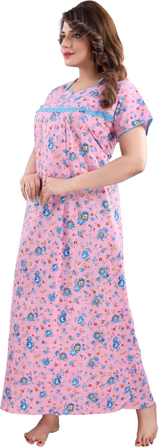 Fabme Women's Pink Printed Cotton Full Length EveryDay Night Dress Nighty