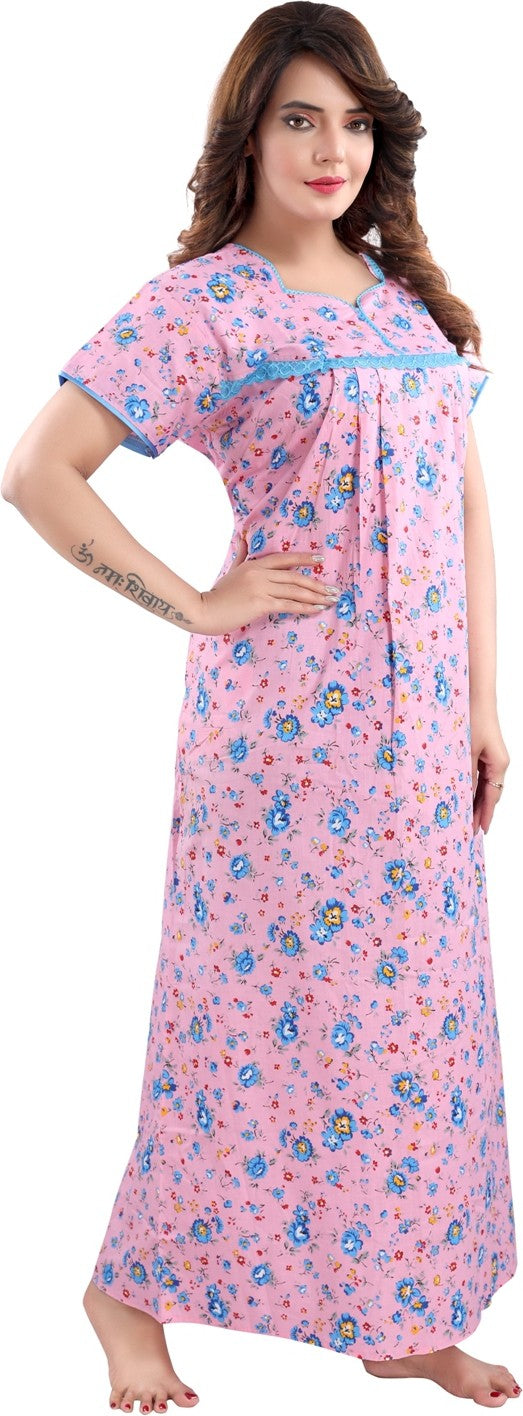 Fabme Women's Pink Printed Cotton Full Length EveryDay Night Dress Nighty