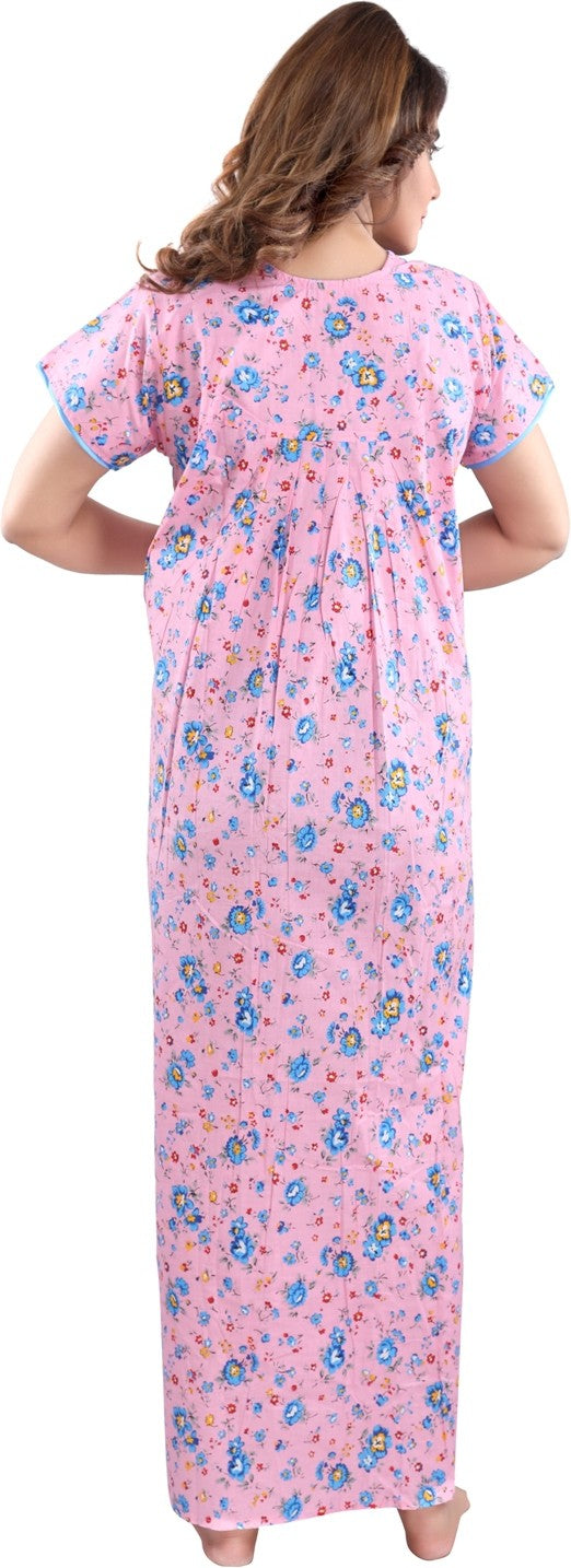 Fabme Women's Pink Printed Cotton Full Length EveryDay Night Dress Nighty