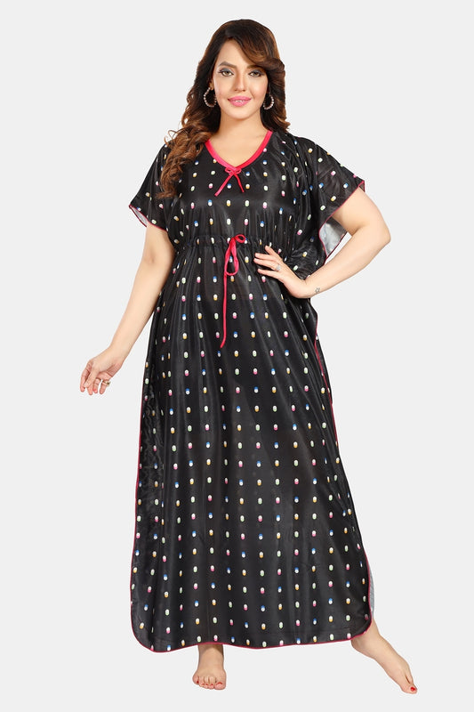 Fabme Women's Black Printed Satin Full Length EveryDay Night Dress Nighty