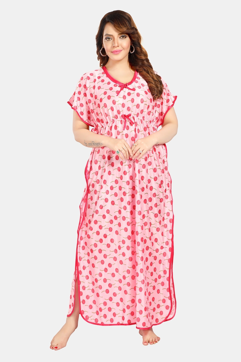 Fabme Women's Pink Printed Satin Full Length EveryDay Night Dress Nighty