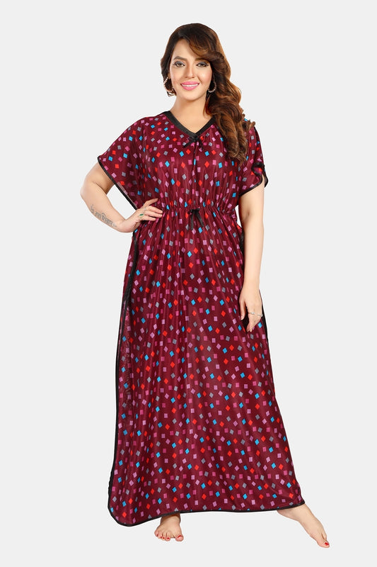 Fabme Women's Maroon Printed Satin Full Length EveryDay Night Dress Nighty