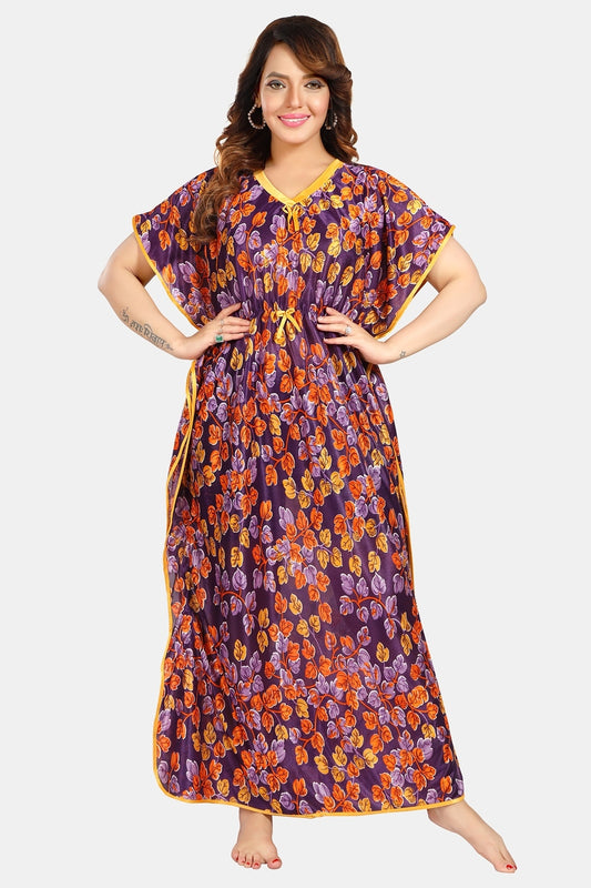 Fabme Women's Purple Printed Satin Full Length EveryDay Night Dress Nighty