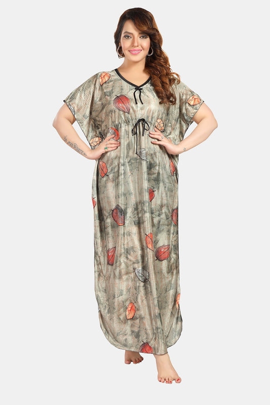 Fabme Women's Green Printed Satin Full Length EveryDay Night Dress Nighty