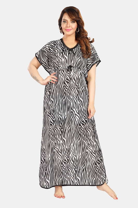 Fabme Women's Black Printed Satin Full Length EveryDay Night Dress Nighty