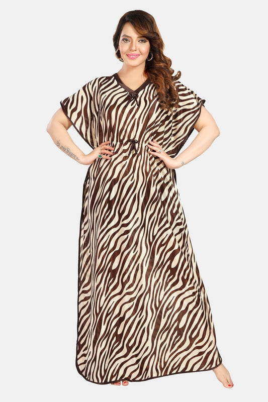 Fabme Women's Brown Printed Satin Full Length EveryDay Night Dress Nighty