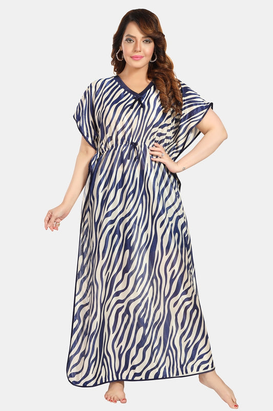 Fabme Women's Navy Blue Printed Satin Full Length EveryDay Night Dress Nighty