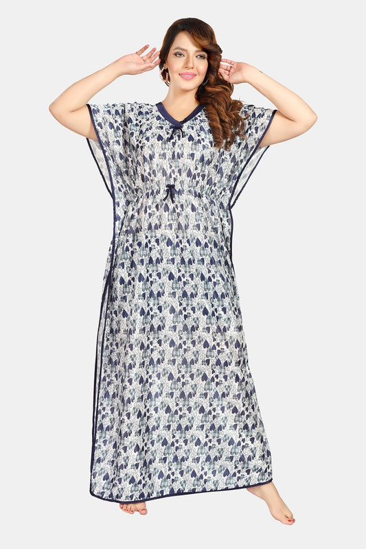 Fabme Women's Navy Blue Printed Satin Full Length EveryDay Night Dress Nighty