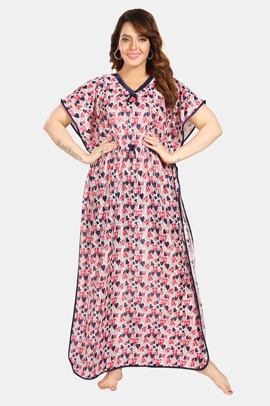 Fabme Women's Red Printed Satin Full Length EveryDay Night Dress Nighty