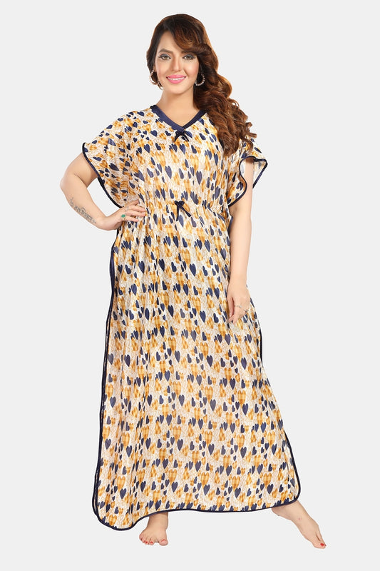 Fabme Women's Yellow Printed Satin Full Length EveryDay Night Dress Nighty