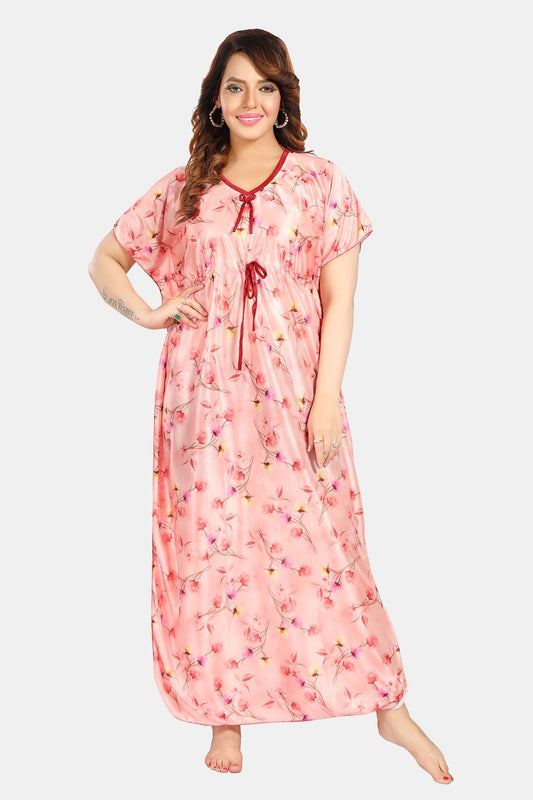 Fabme Women's Light Pink Printed Satin Full Length EveryDay Night Dress Nighty