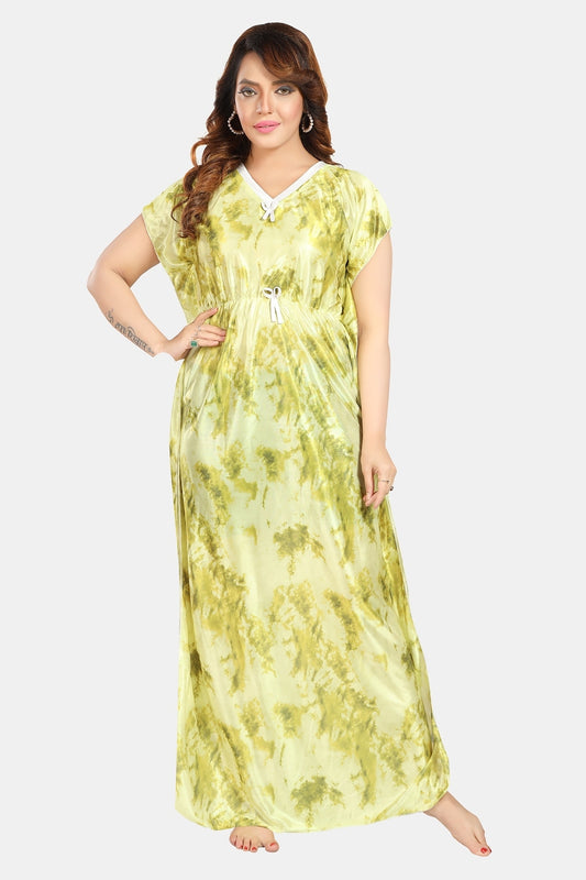 Fabme Women's Green Printed Satin Full Length EveryDay Night Dress Nighty