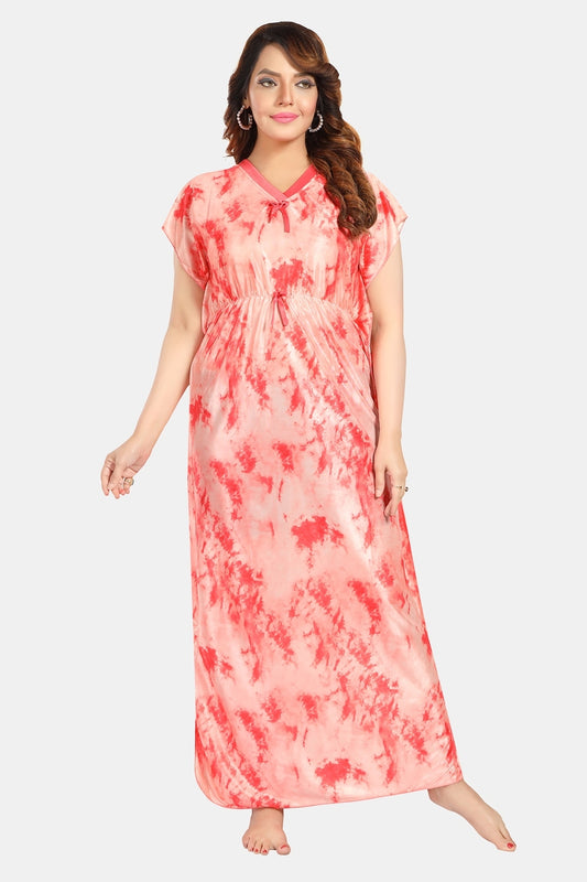 Fabme Women's Red Printed Satin Full Length EveryDay Night Dress Nighty