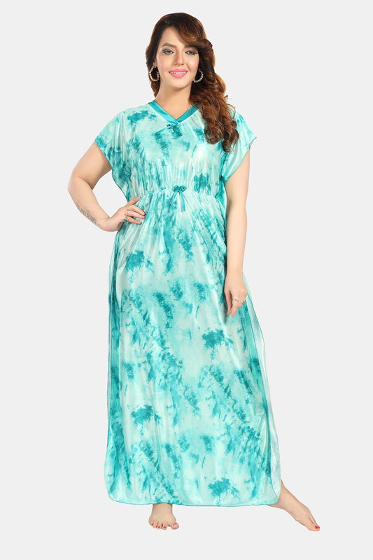 Fabme Women's Sea Green Printed Satin Full Length EveryDay Night Dress Nighty