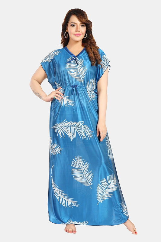 Fabme Women's Blue Printed Satin Full Length EveryDay Night Dress Nighty
