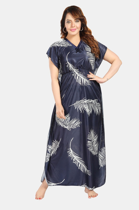 Fabme Women's Navy Blue Printed Satin Full Length EveryDay Night Dress Nighty