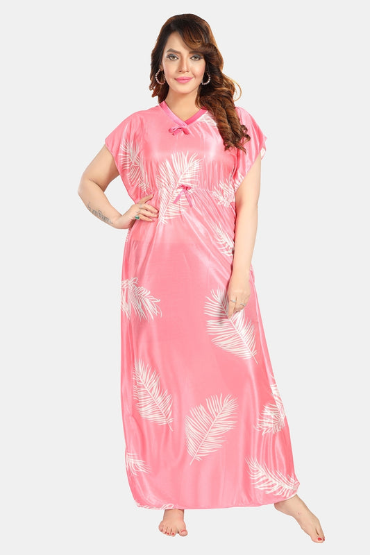 Fabme Women's Pink Printed Satin Full Length EveryDay Night Dress Nighty