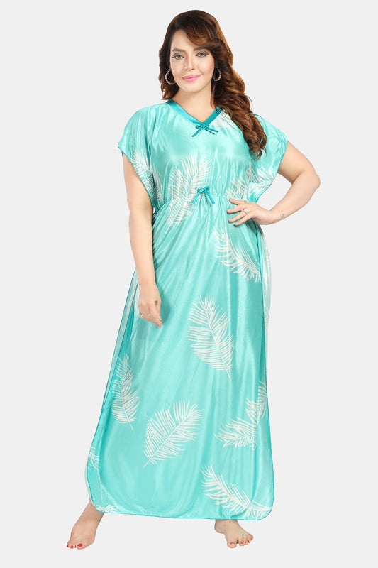 Fabme Women's Sea Green Printed Satin Full Length EveryDay Night Dress Nighty