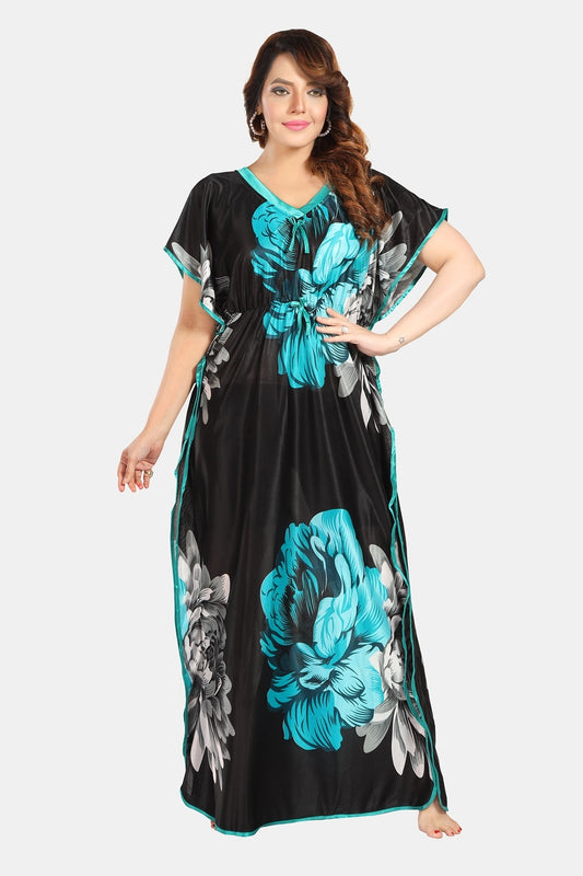 Fabme Women's Black Printed Satin Full Length EveryDay Night Dress Nighty