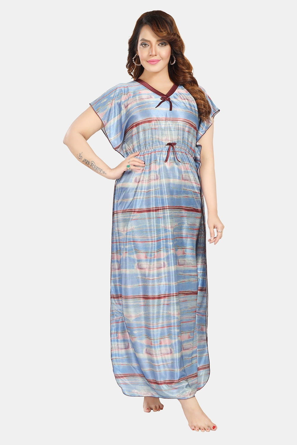 Fabme Women's Blue Printed Satin Full Length EveryDay Night Dress Nighty