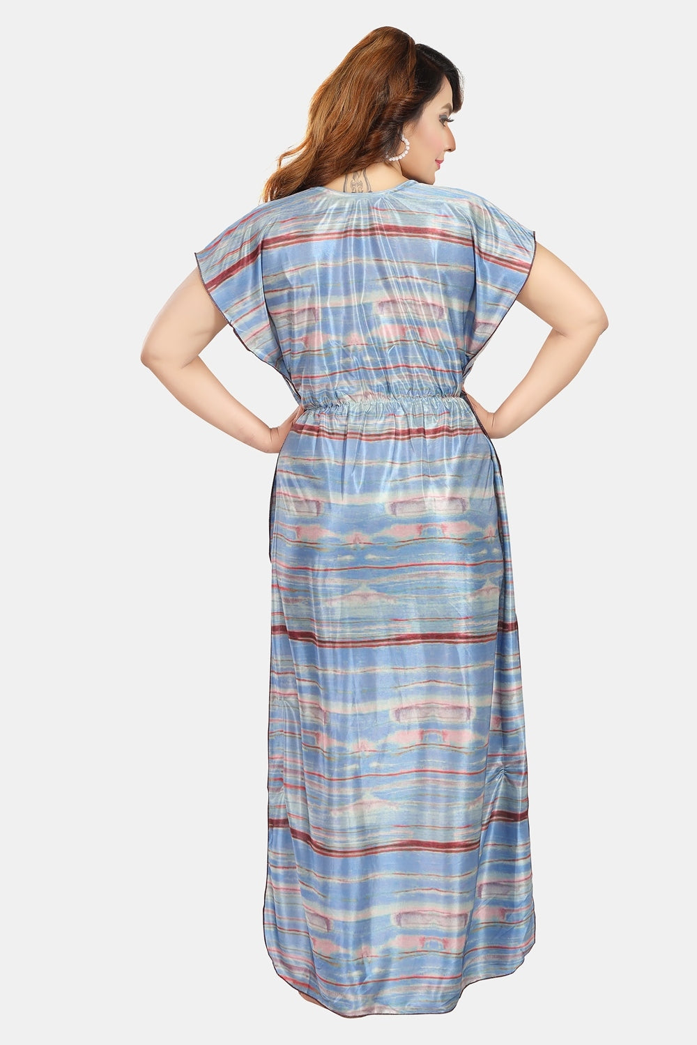 Fabme Women's Blue Printed Satin Full Length EveryDay Night Dress Nighty