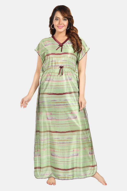Fabme Women's Light Green Printed Satin Full Length EveryDay Night Dress Nighty