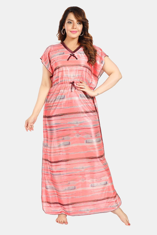 Fabme Women's Pink Printed Satin Full Length EveryDay Night Dress Nighty