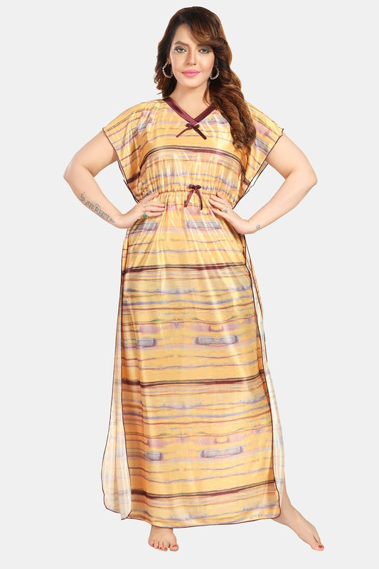 Fabme Women's Yellow Printed Satin Full Length EveryDay Night Dress Nighty