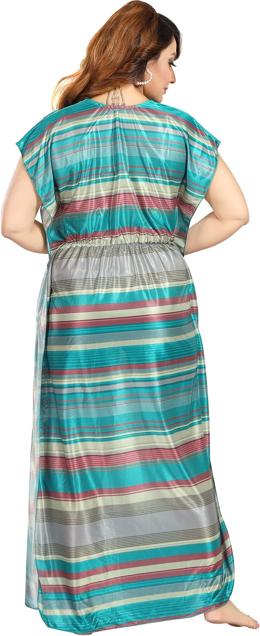 Fabme Women's Green Printed Satin Full Length EveryDay Night Dress Nighty