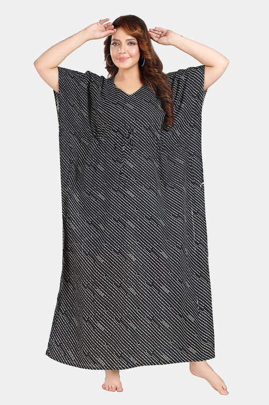 Fabme Women's Black Kaftan Cotton Full Length EveryDay Night Dress Nighty