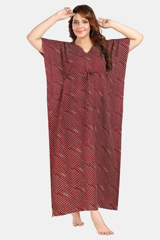 Fabme Women's Maroon Kaftan Cotton Full Length EveryDay Night Dress Nighty