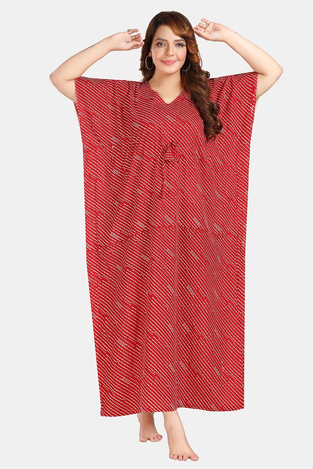 Fabme Women's Red Kaftan Cotton Full Length EveryDay Night Dress Nighty