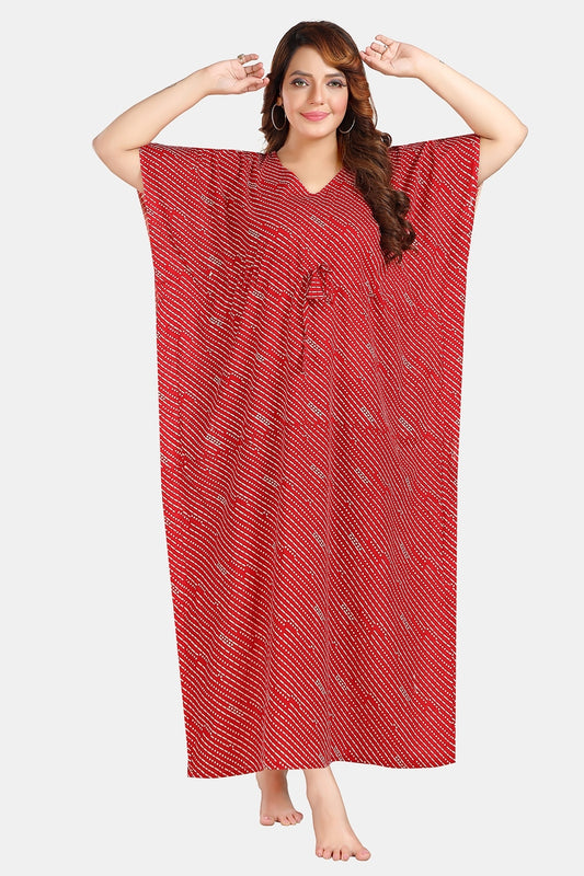 Fabme Women's Red Kaftan Cotton Full Length EveryDay Night Dress Nighty