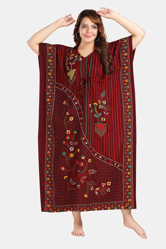 Fabme Women's Maroon Kaftan Cotton Full Length EveryDay Night Dress Nighty
