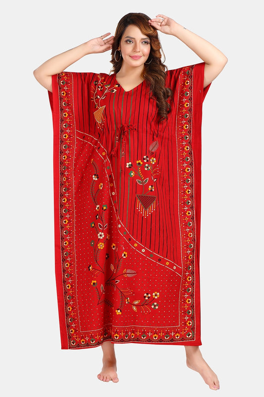 Fabme Women's Red Kaftan Cotton Full Length EveryDay Night Dress Nighty