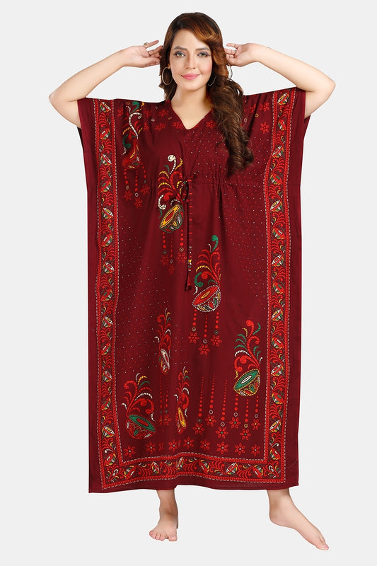 Fabme Women's Maroon Kaftan Cotton Full Length EveryDay Night Dress Nighty