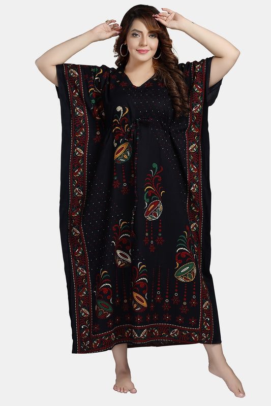 Fabme Women's Navy Blue Kaftan Cotton Full Length EveryDay Night Dress Nighty