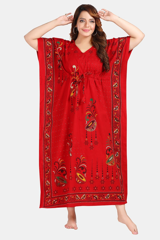 Fabme Women's Red Kaftan Cotton Full Length EveryDay Night Dress Nighty