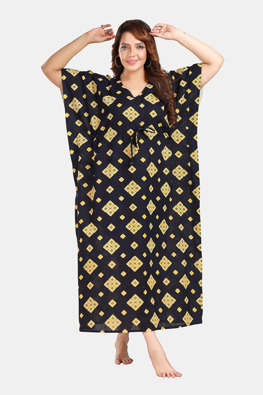 Fabme Women's Black Kaftan Cotton Full Length EveryDay Night Dress Nighty