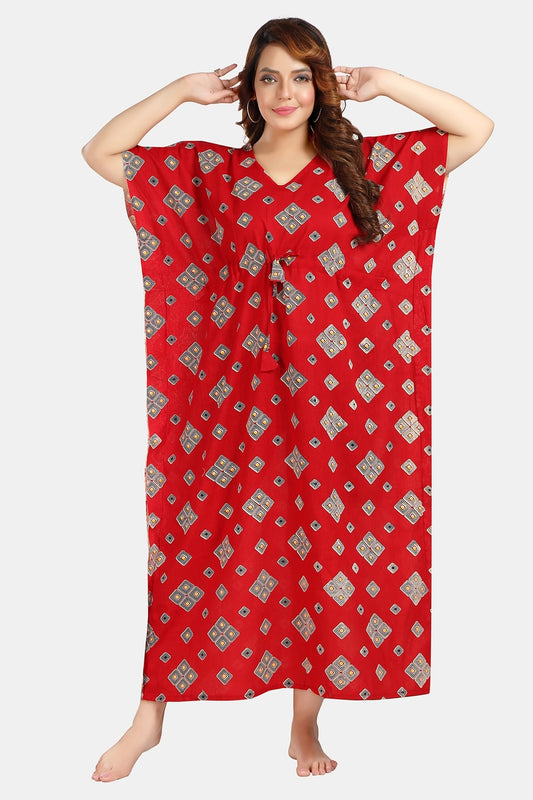 Fabme Women's Red Kaftan Cotton Full Length EveryDay Night Dress Nighty