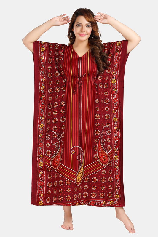 Fabme Women's Maroon Kaftan Cotton Full Length EveryDay Night Dress Nighty